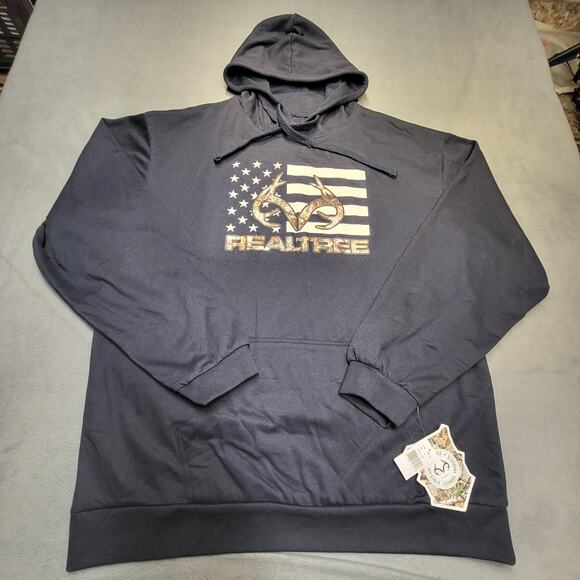 NWT Realtree Hoodie Mens XL Black Long Sleeve Pullover Sweatshirt American Flag - Picture 1 of 9